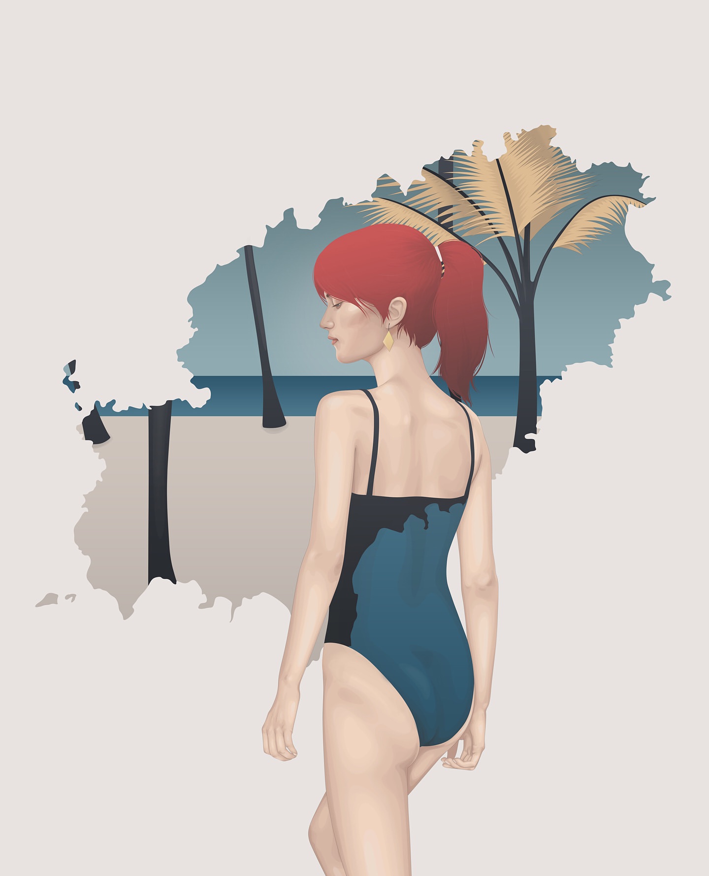 Illustration of a woman in a swimsuit, seen from the back, with red hair and a beach scene backdrop featuring palm trees and sand.