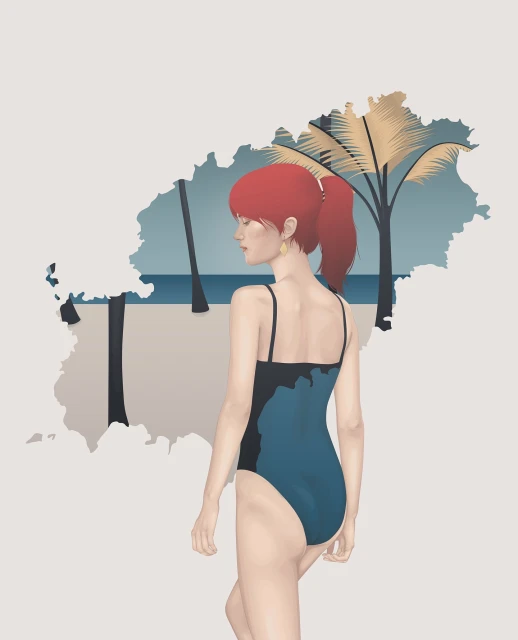 Illustration of a woman in a swimsuit, seen from the back, with red hair and a beach scene backdrop featuring palm trees and sand.