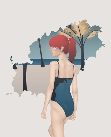 Illustration of a woman in a swimsuit, seen from the back, with red hair and a beach scene backdrop featuring palm trees and sand.