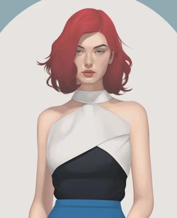 Digital illustration portrait of a woman with red hair wearing a white halter top and blue skirt
