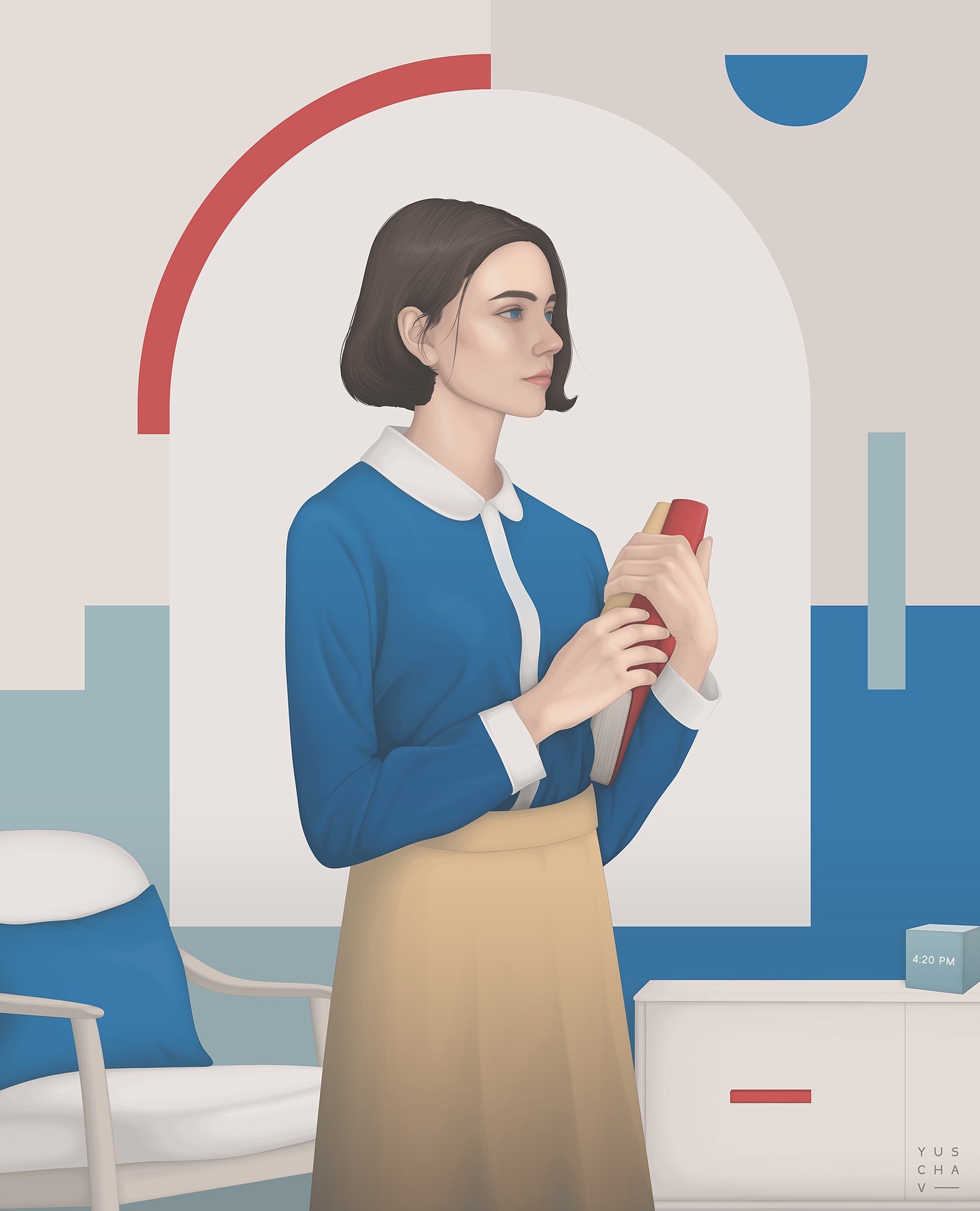 Illustration of a young woman with short brown hair, wearing a blue blouse and tan skirt, holding a book in an interior setting.