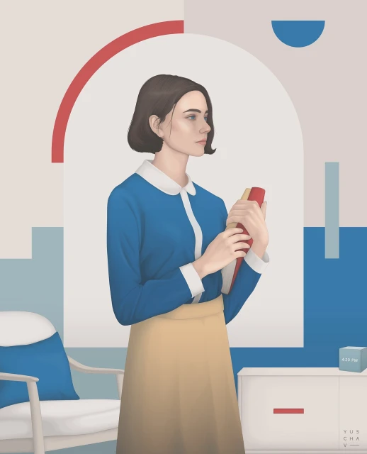 Illustration of a young woman with short brown hair, wearing a blue blouse and tan skirt, holding a book in an interior setting.