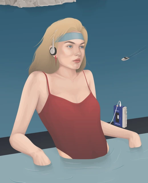 Illustration of a blond woman in a red swimsuit in water, wearing headphones, with a vintage Walkman and a boat in the background.