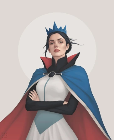 Illustration of a woman with dark hair and a crown, wearing a blue and red cape with a white dress, against a light background.
