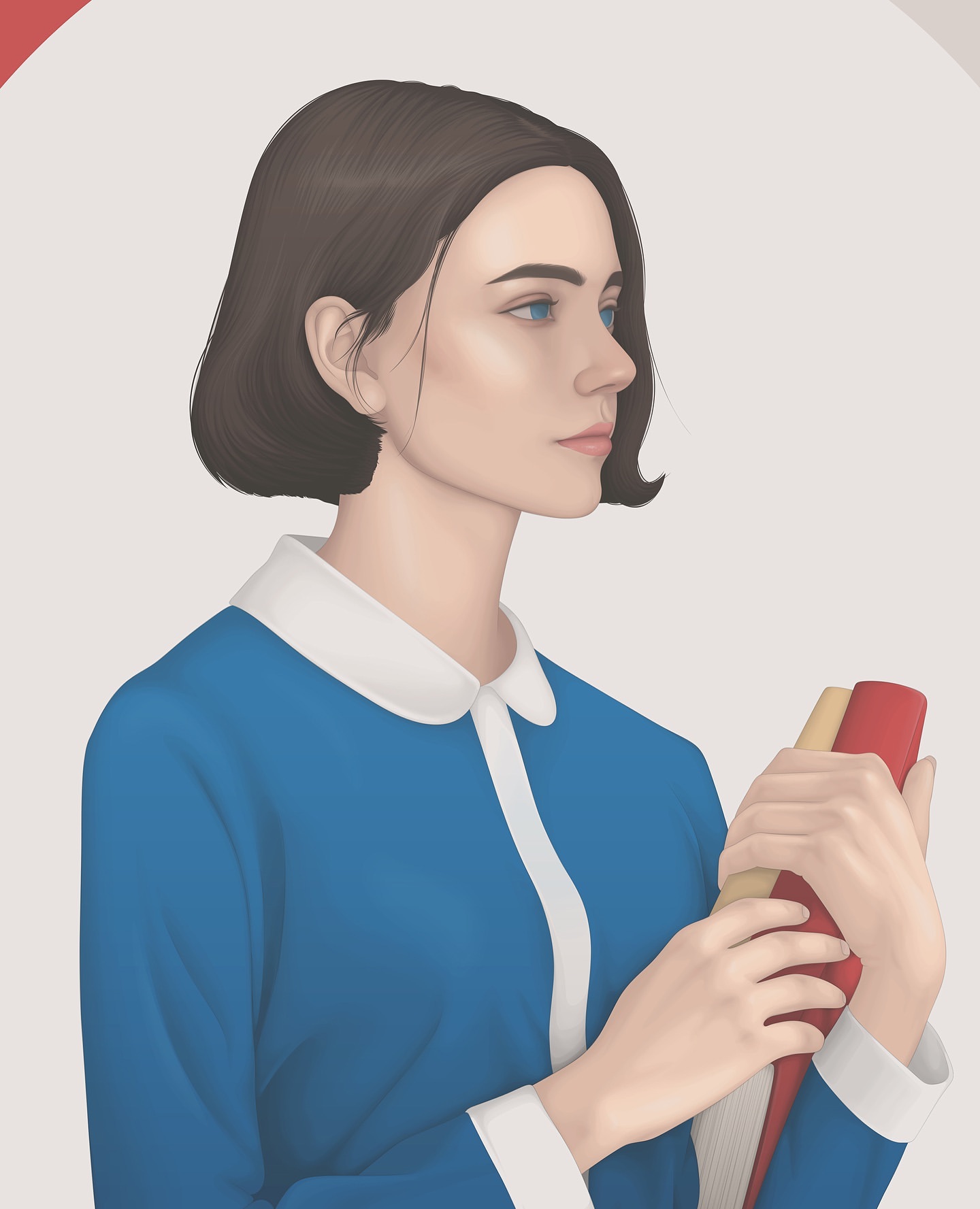Illustration of a young woman with short dark hair wearing a blue shirt with a white collar, holding two books against a neutral background.
