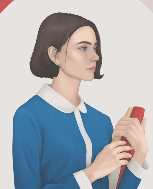 Illustration of a young woman with short dark hair wearing a blue shirt with a white collar, holding two books against a neutral background.