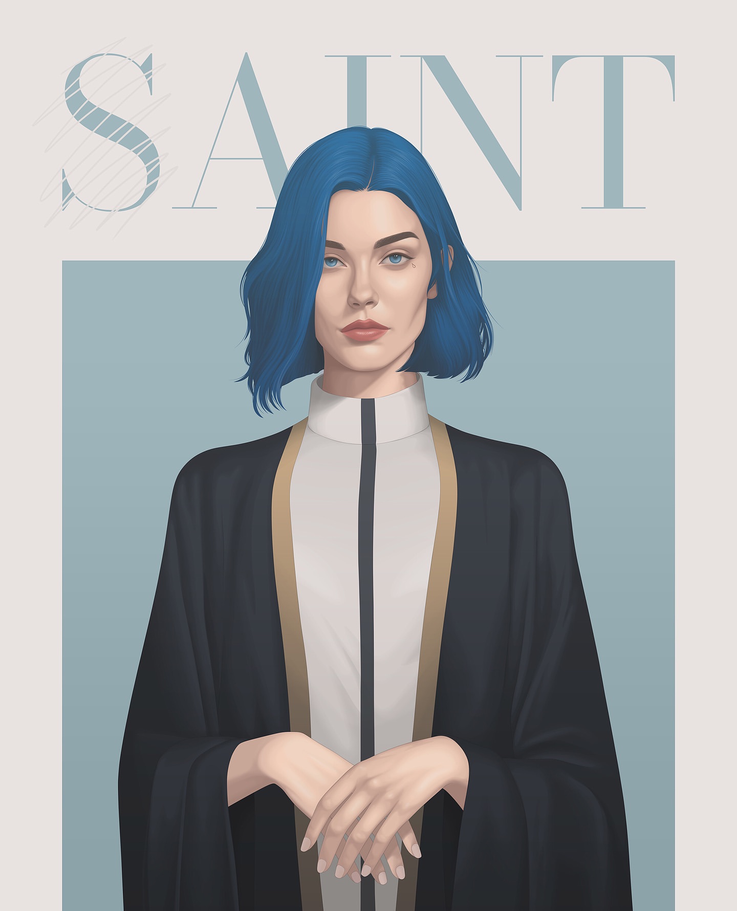 Illustration of a person with blue hair wearing a black and white robe standing against a pale blue and gray backdrop.