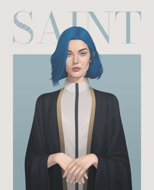 Illustration of a person with blue hair wearing a black and white robe standing against a pale blue and gray backdrop.