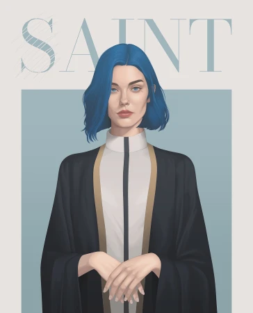 Illustration of a person with blue hair wearing a black and white robe standing against a pale blue and gray backdrop.
