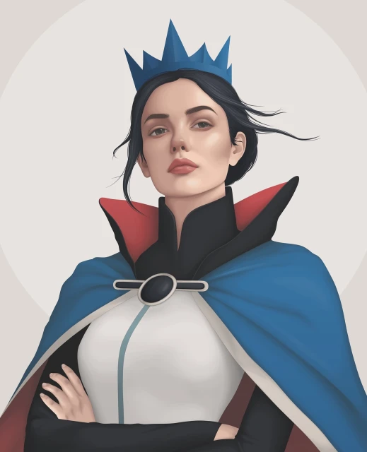 Illustration of a woman with fair skin wearing a blue crown and cape, arms crossed, striking a confident pose against a neutral backdrop.