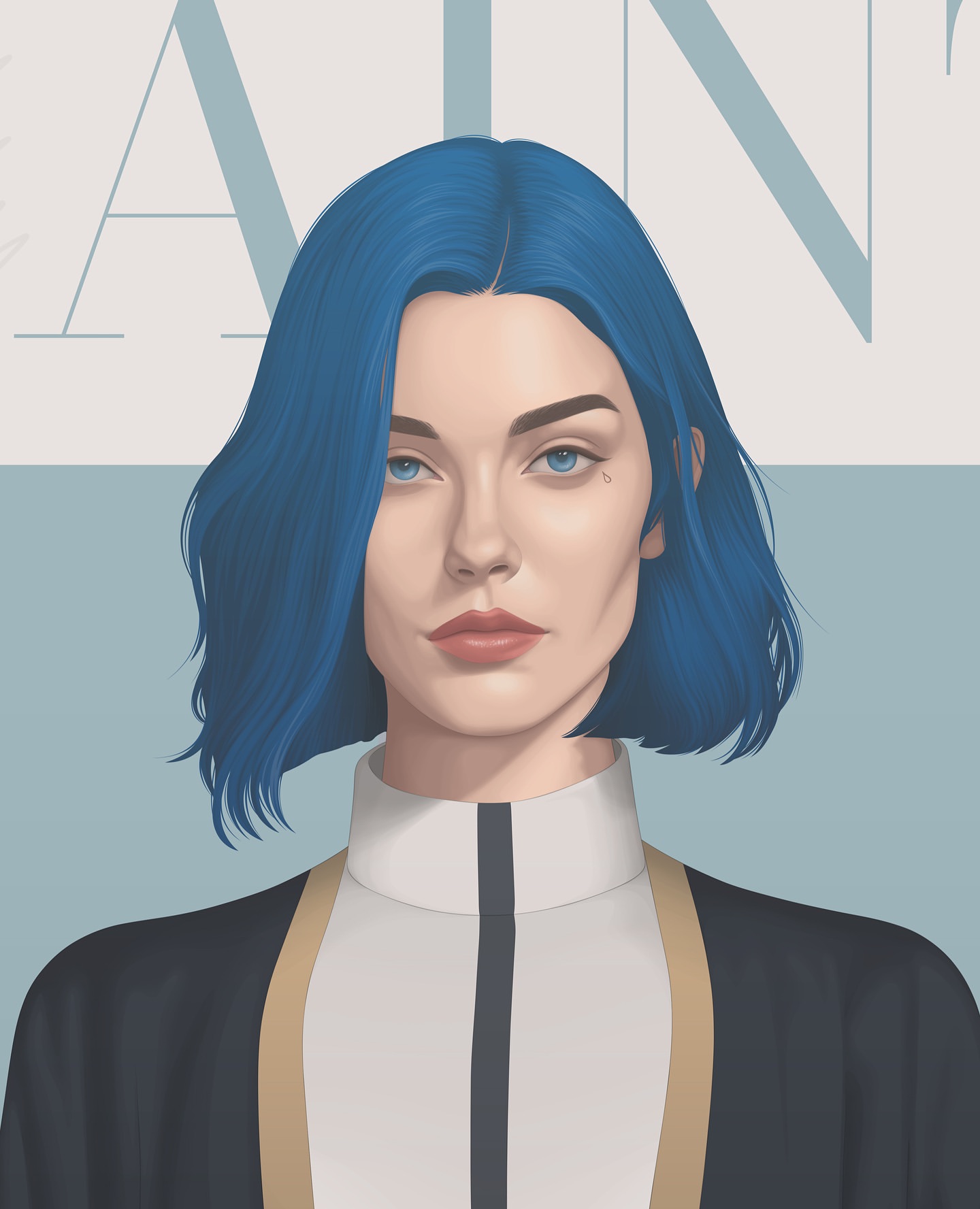 Illustration of a fair-skinned woman with blue hair and a neutral expression, wearing a black and white outfit against a pale blue backdrop.