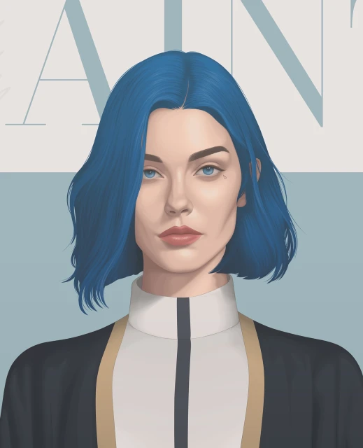 Illustration of a fair-skinned woman with blue hair and a neutral expression, wearing a black and white outfit against a pale blue backdrop.