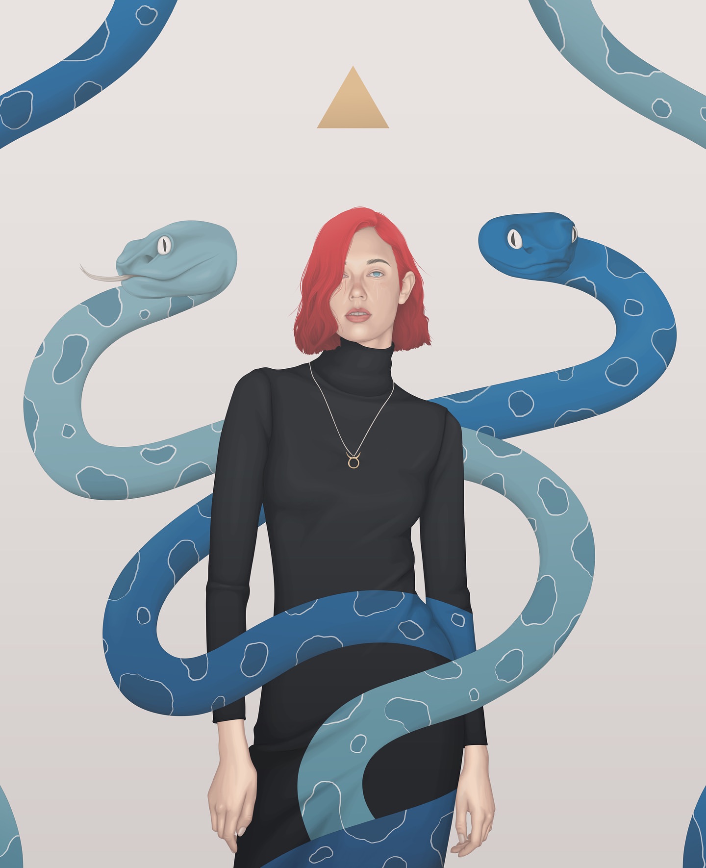 Woman with red hair in a black dress and silver necklace surrounded by blue snakes and a golden triangle on a beige background.