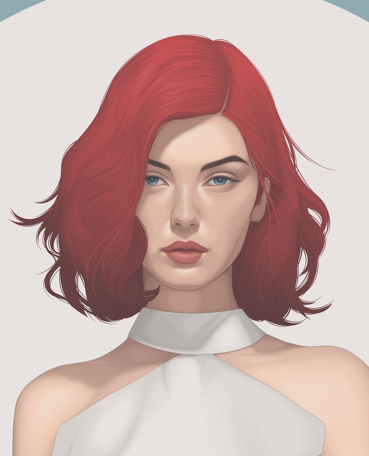 Illustration of a woman with red hair, fair skin, and blue eyes, set against a light-colored background, showcasing digital art portrait.