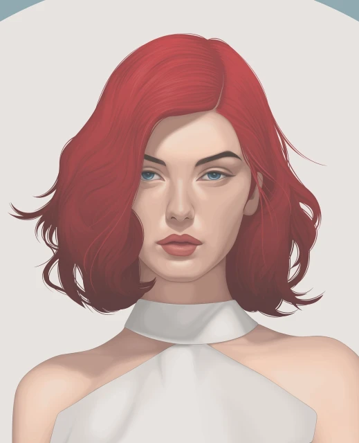 Illustration of a woman with red hair, fair skin, and blue eyes, set against a light-colored background, showcasing digital art portrait.