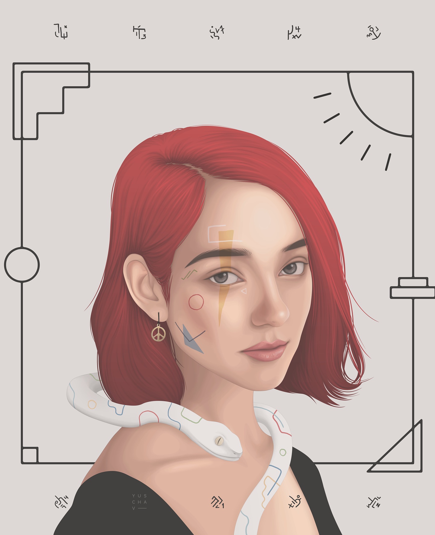 Illustration of a fair-skinned young woman with red hair and painted face wearing a white snake as jewelry, set against a grey background.