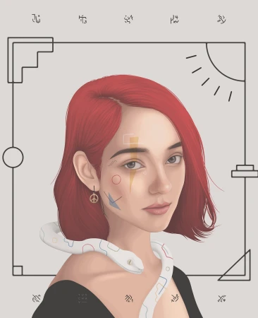 Illustration of a fair-skinned young woman with red hair and painted face wearing a white snake as jewelry, set against a grey background.