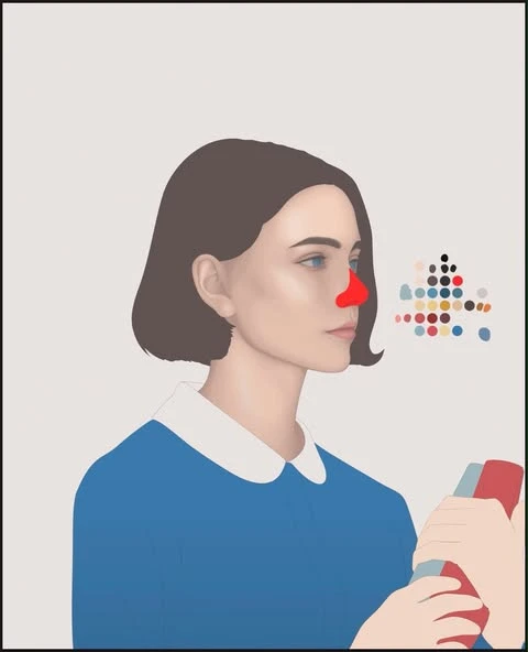 Illustration of a fair-skinned woman with brown hair and a red nose, wearing a blue dress with a white collar, holding books.