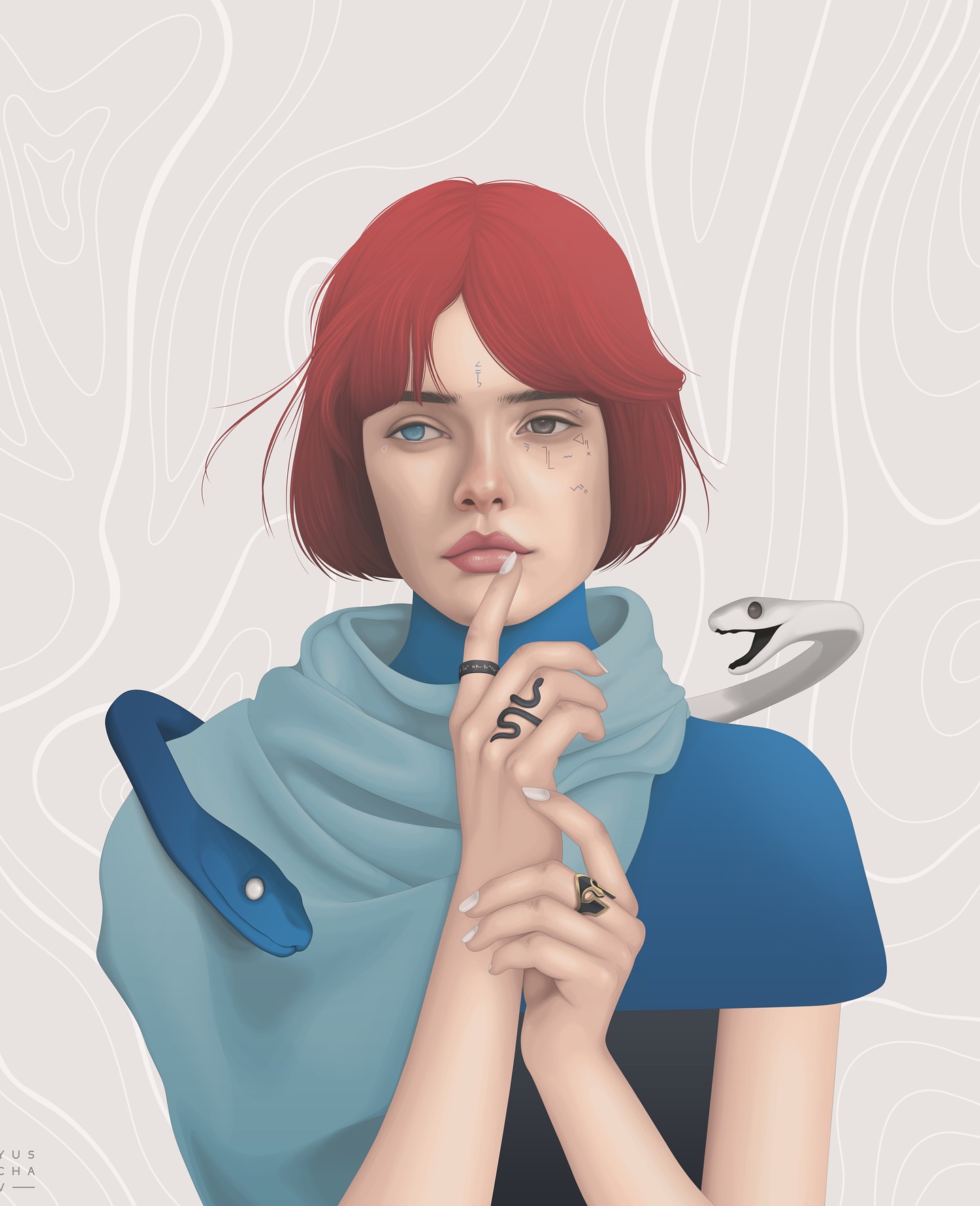 Illustration of a red-haired adult female with heterochromia, wearing rings and a scarf with two snakes on a light background.