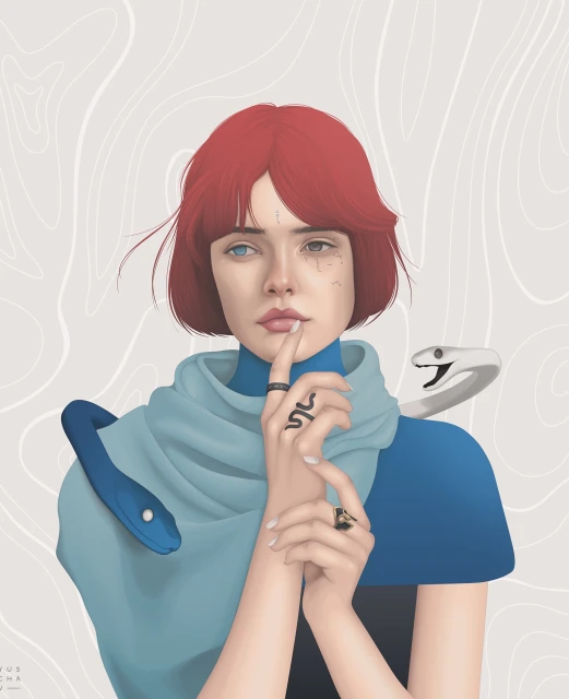 Illustration of a red-haired adult female with heterochromia, wearing rings and a scarf with two snakes on a light background.
