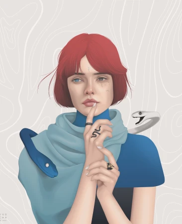 Illustration of a red-haired adult female with heterochromia, wearing rings and a scarf with two snakes on a light background.