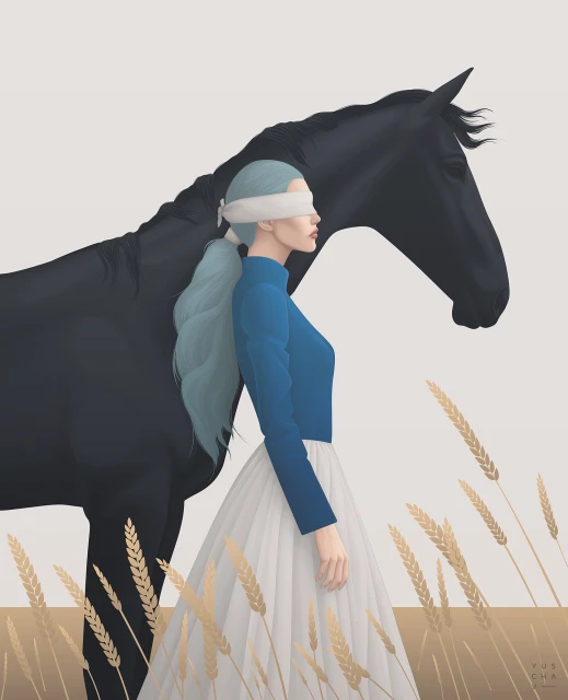 Conceptual illustration of a woman with light blue hair wearing a blindfold and long dress standing next to a black horse in a field.