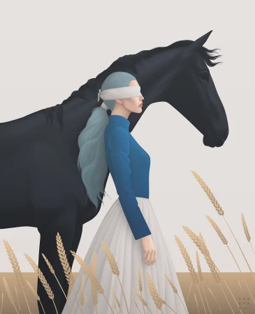 Conceptual illustration of a woman with light blue hair wearing a blindfold and long dress standing next to a black horse in a field.