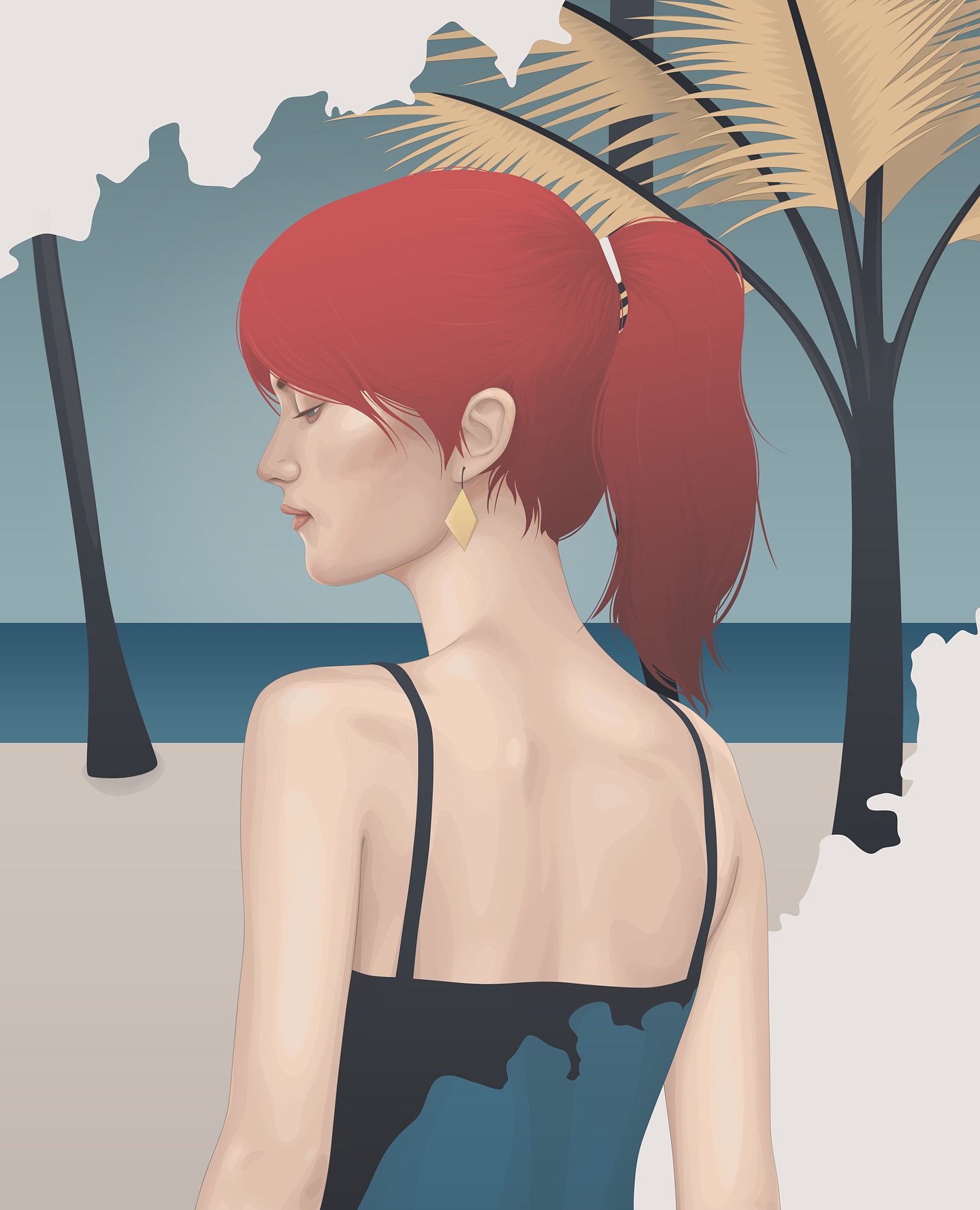 Illustration of a red-haired woman with her back facing the viewer, wearing a simple dress in a tropical beach setting with palm trees.