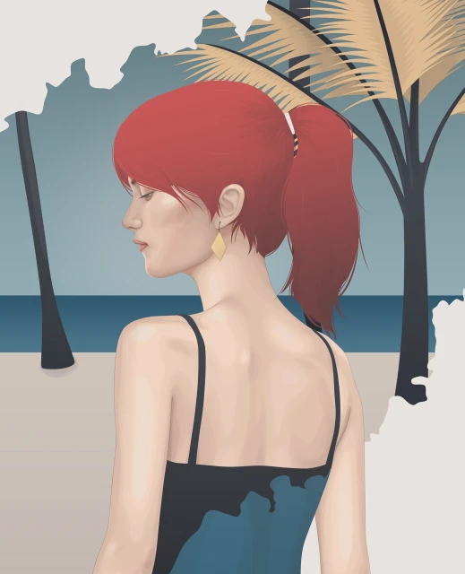Illustration of a red-haired woman with her back facing the viewer, wearing a simple dress in a tropical beach setting with palm trees.