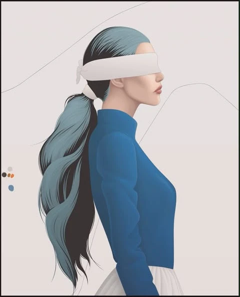 Illustration of a woman with teal-streaked hair and a white blindfold, wearing a blue top and white skirt, in a side profile.