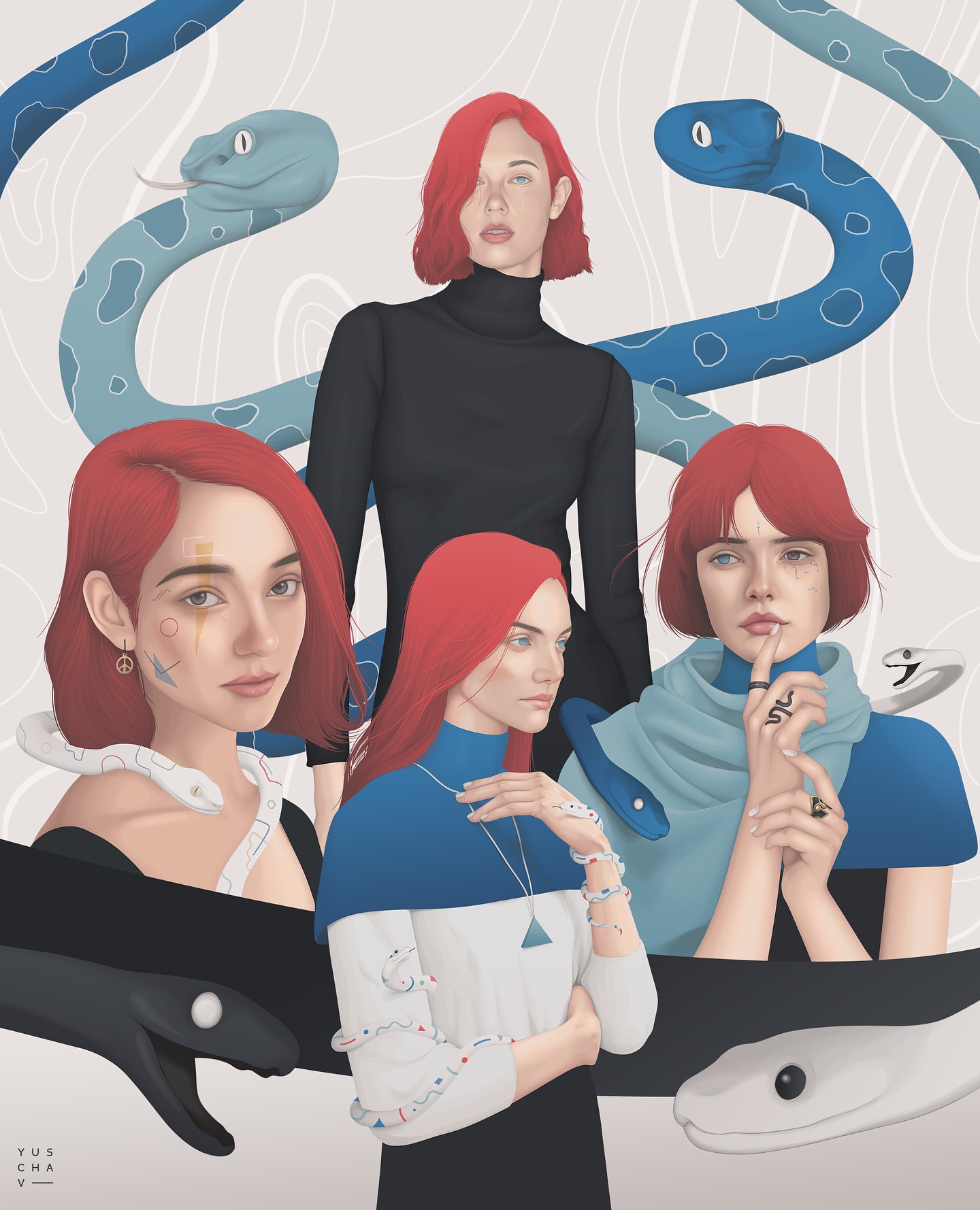 Illustration of four red-haired women with painted snakes, one in a black turtleneck, against a white background with line art.