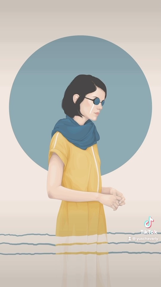 Illustration of a woman with sunglasses, a yellow dress, and a blue scarf standing in water against a blue circle background.