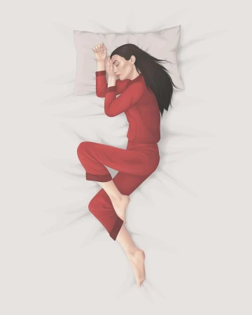 Illustration of a woman sleeping on her side in red pajamas on a white bed with a pillow, emphasizing relaxation and comfort.