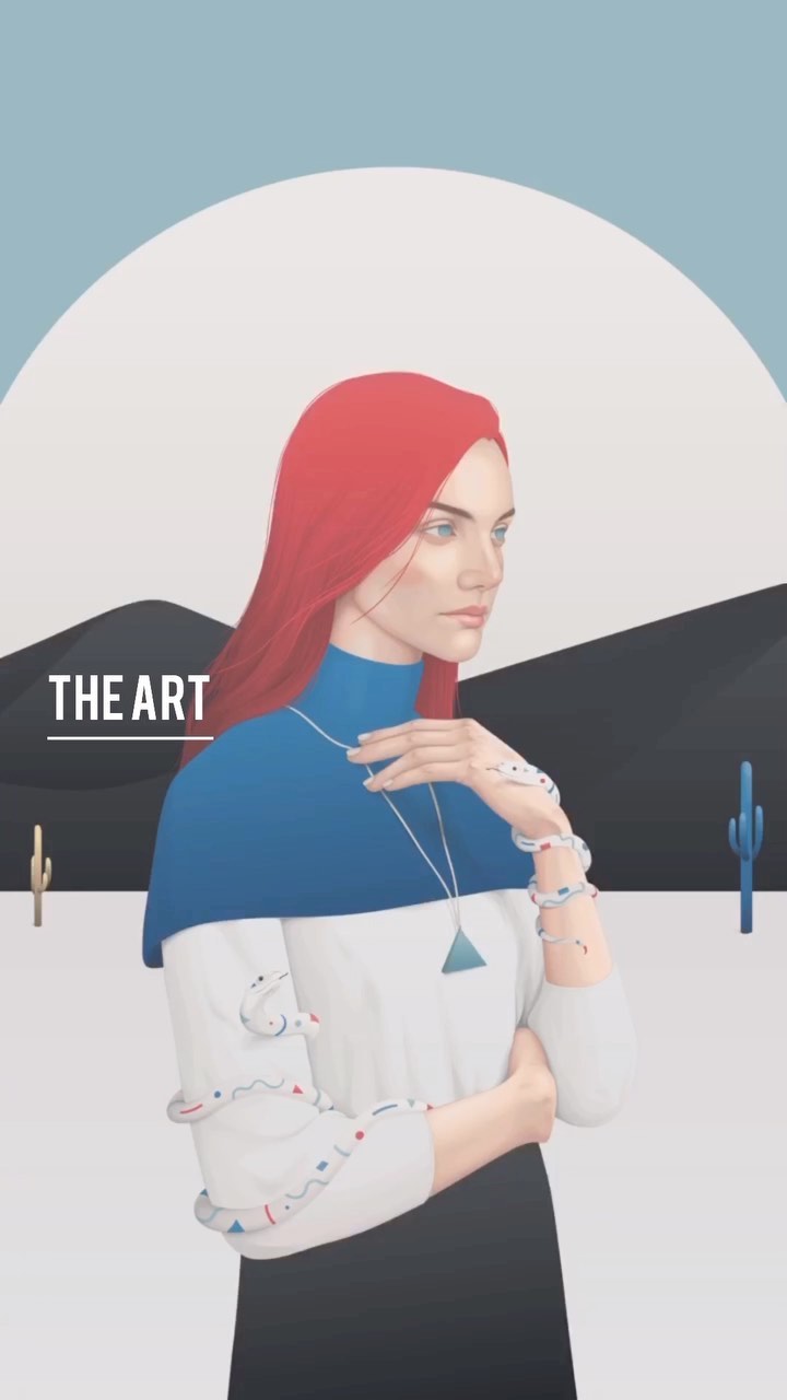 Illustration of a woman with red hair wearing jewelry, posing in front of a stylized desert landscape with cacti and mountains.