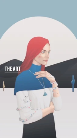 Illustration of a woman with red hair wearing jewelry, posing in front of a stylized desert landscape with cacti and mountains.