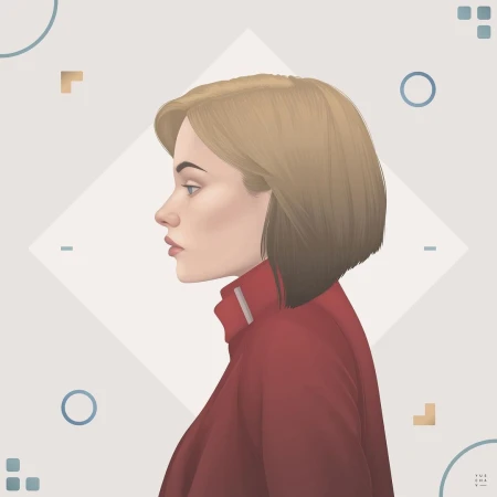 Digital illustration of a blonde woman in profile wearing a red high-collar jacket against a geometric grey background