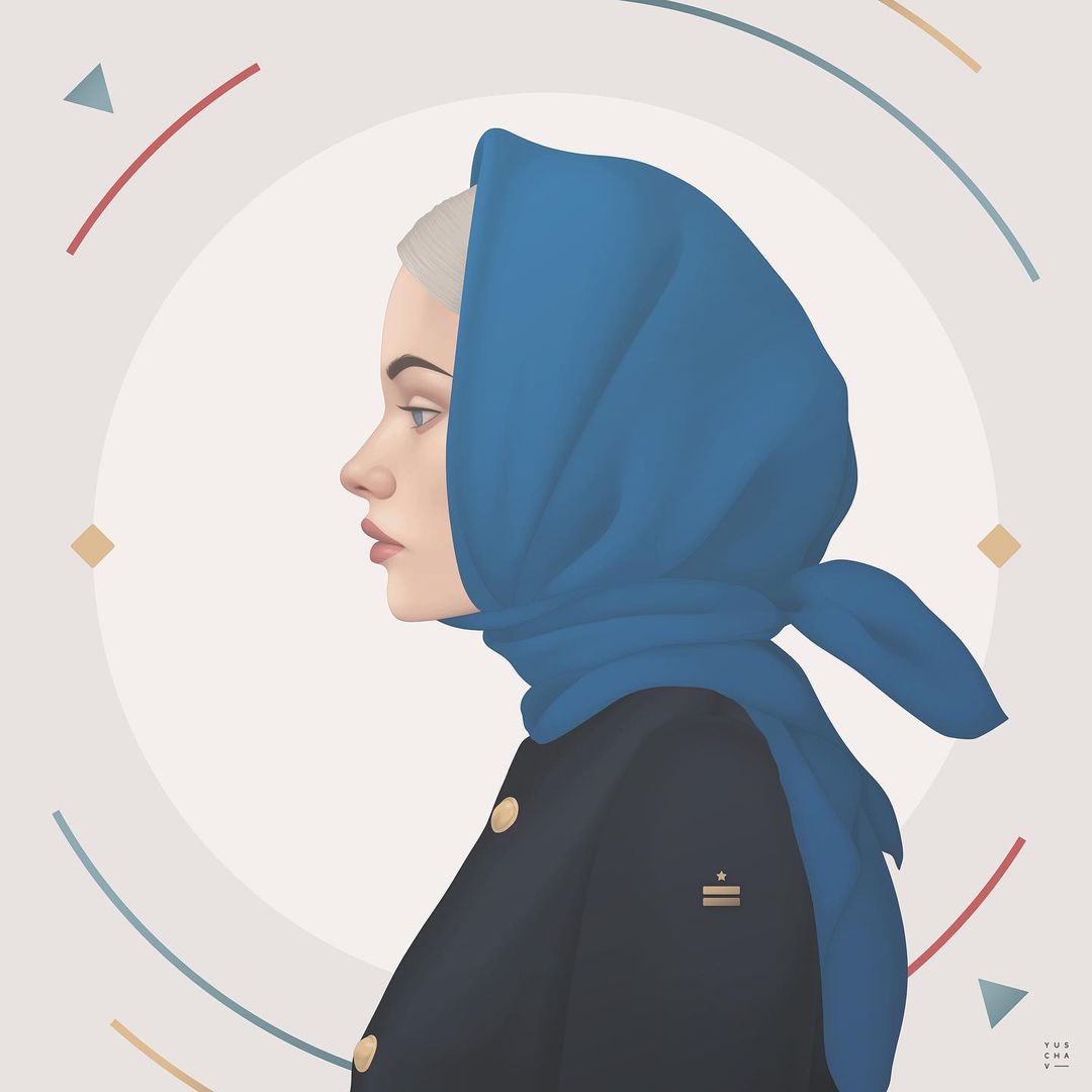 Digital artwork of a woman in profile wearing a blue headscarf and dark navy jacket against a pale background with geometric shapes.