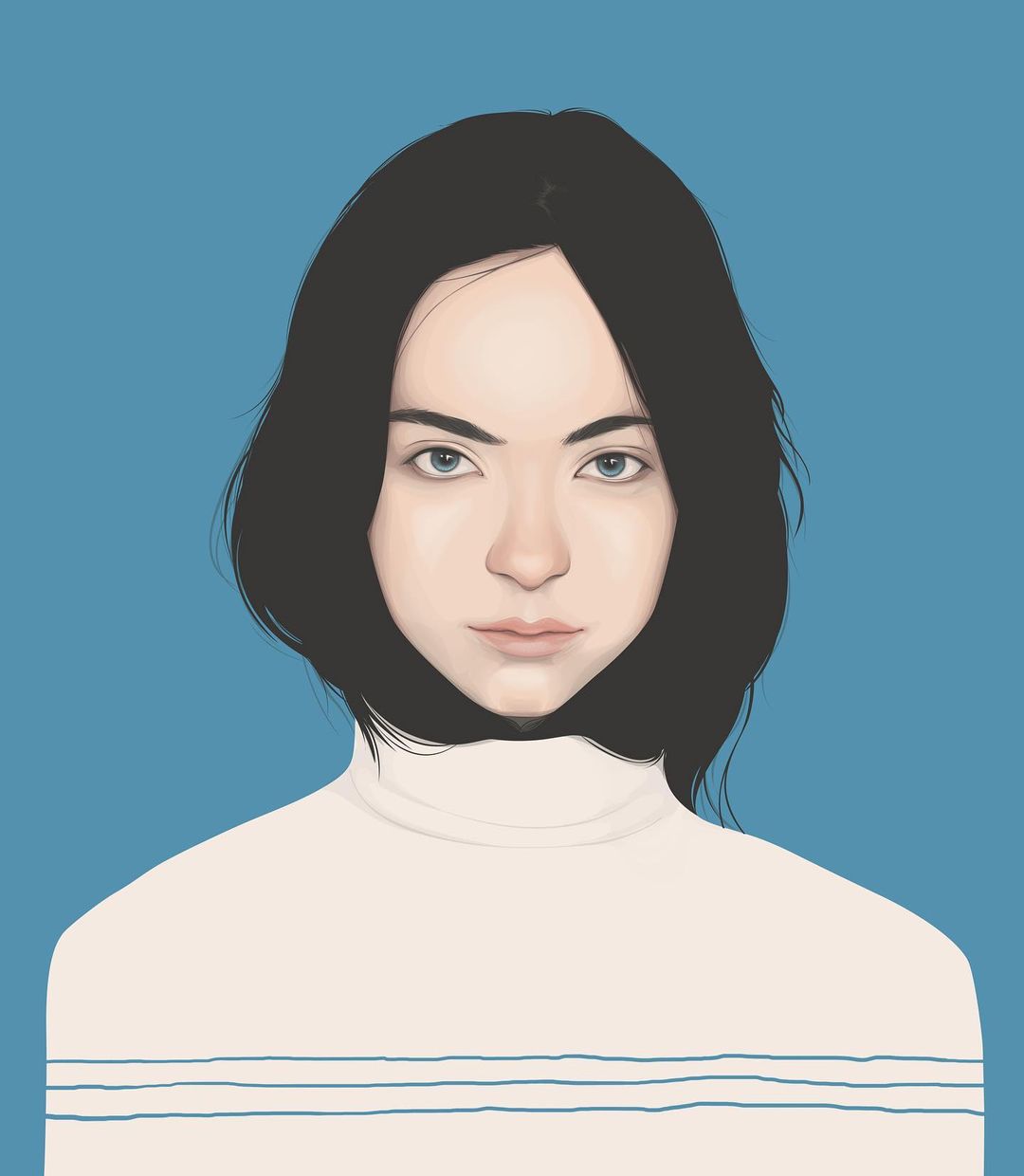 Illustration of a young woman with dark hair and light skin, wearing a white turtleneck sweater with horizontal stripes, against a blue background.