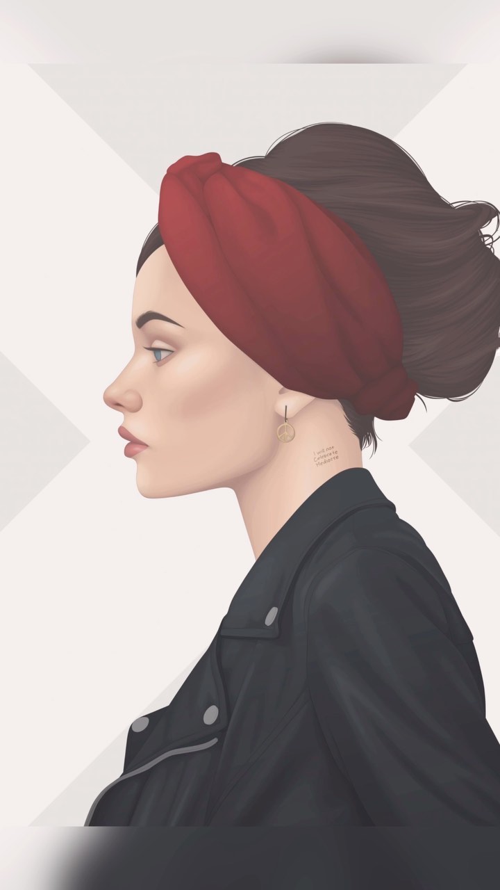 Illustration of a woman in profile with a red headband and black jacket, set against a white patterned background, digital art style.