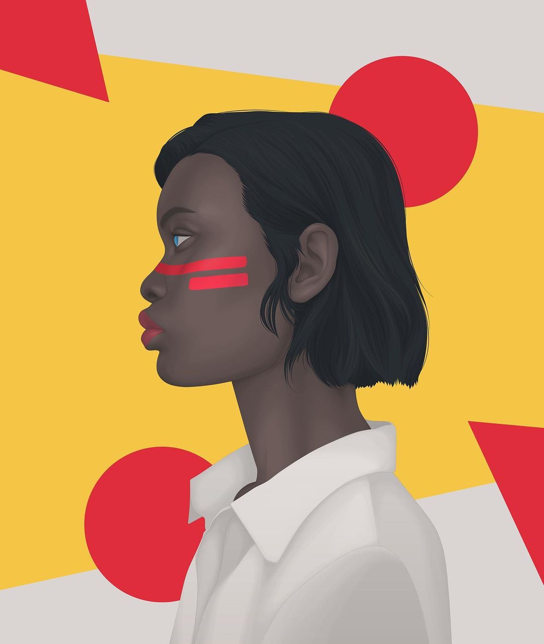 Illustration of a woman with short black hair, wearing a white collared shirt, red facial makeup, against a yellow background with red shapes.