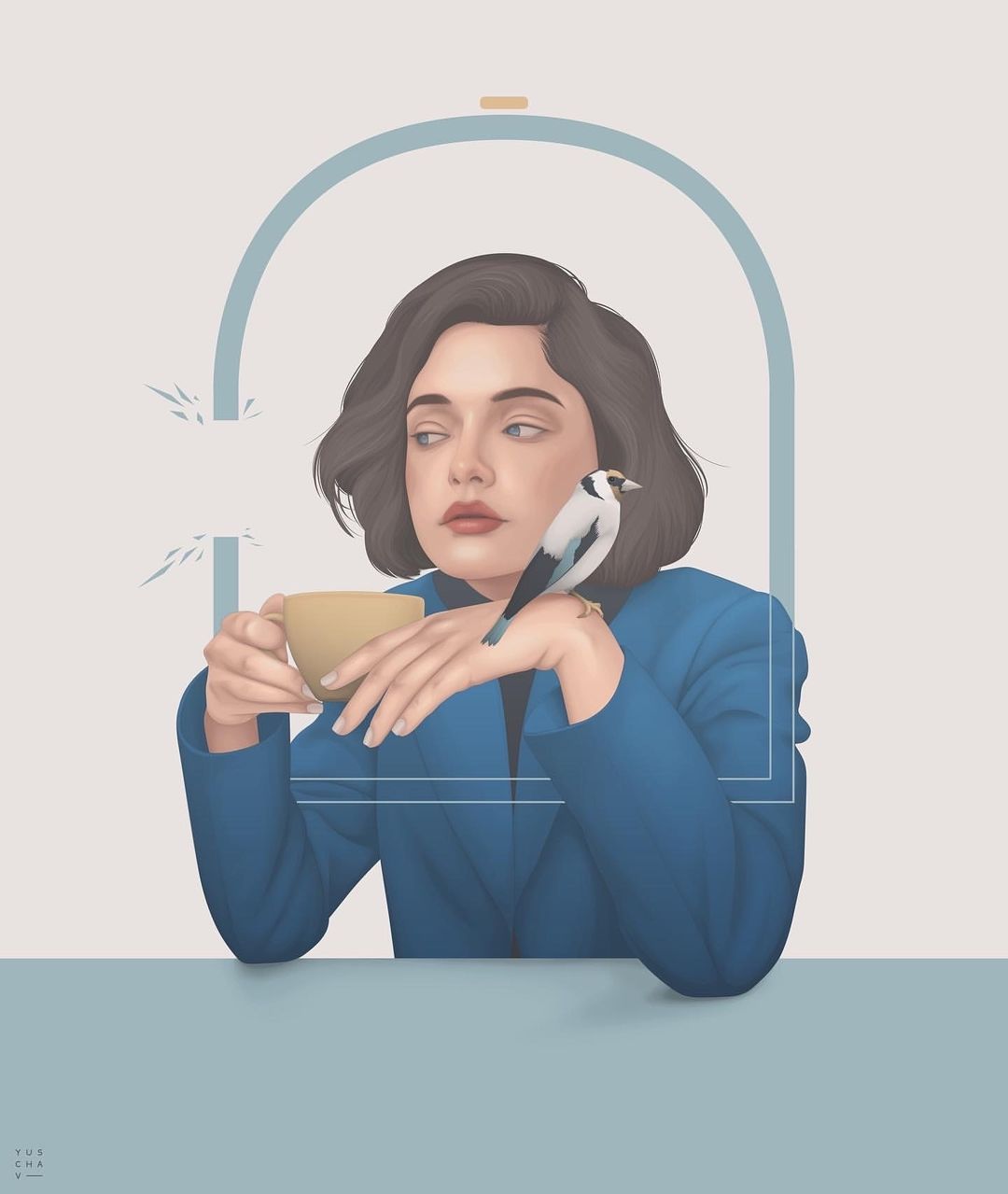 Illustration of woman with short dark hair in a blue blazer, holding a teacup, with a bird perched on her hand.