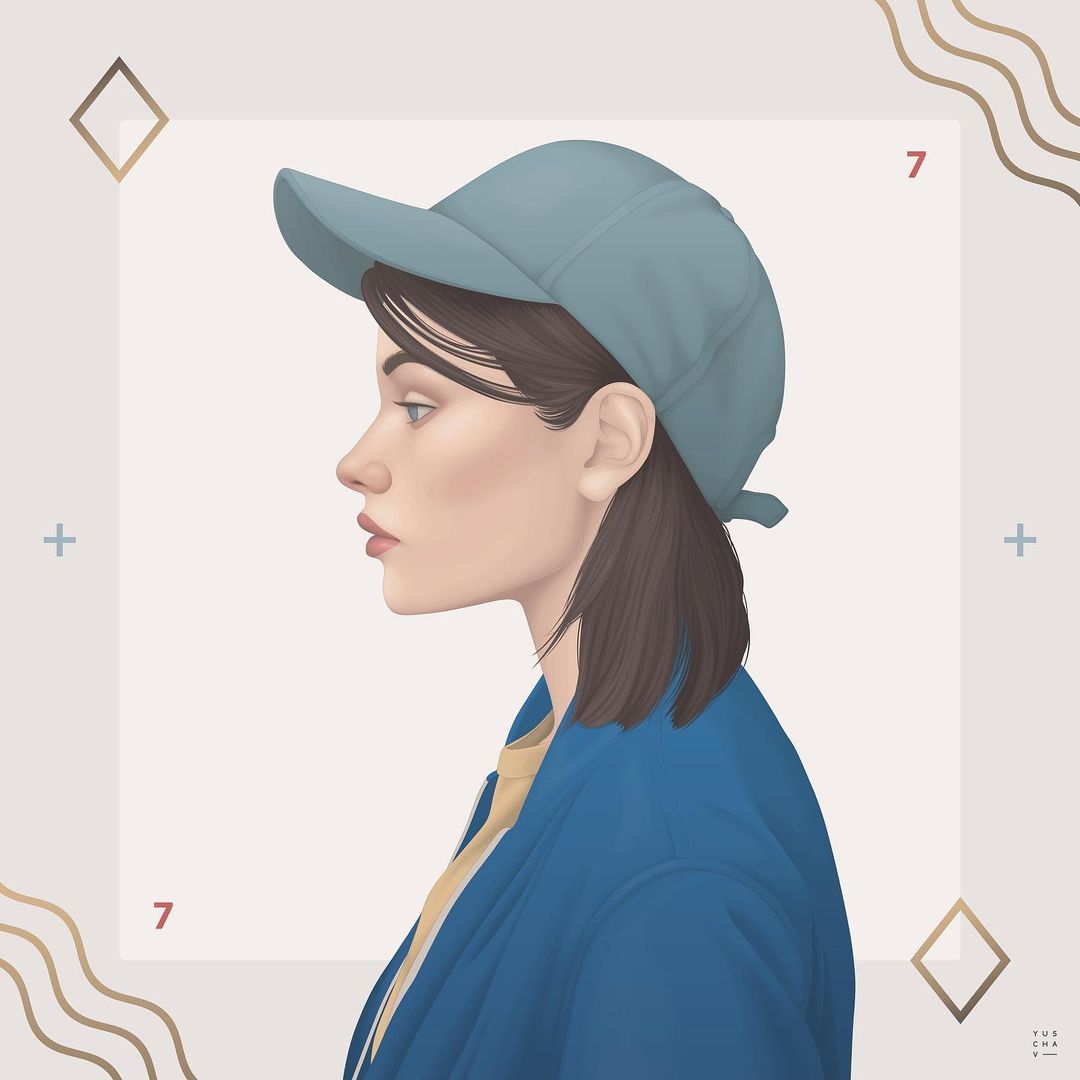 Illustration of a woman in profile wearing a blue baseball cap and jacket, with a geometric cream-colored background and decorative elements.