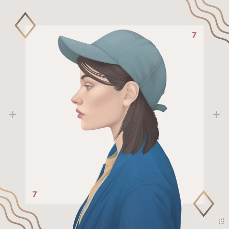 Illustration of a woman in profile wearing a blue baseball cap and jacket, with a geometric cream-colored background and decorative elements.