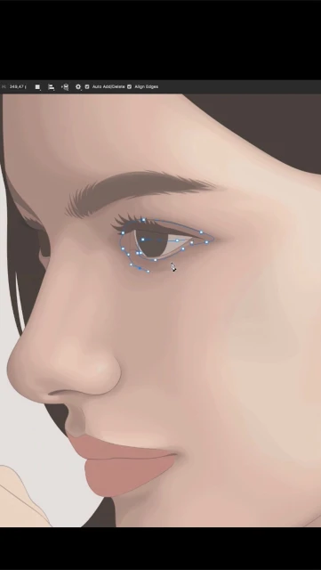 Close-up of a digitally illustrated woman's face shows a graphic interface overlay of dots and lines emphasizing facial mapping for animation or VFX.