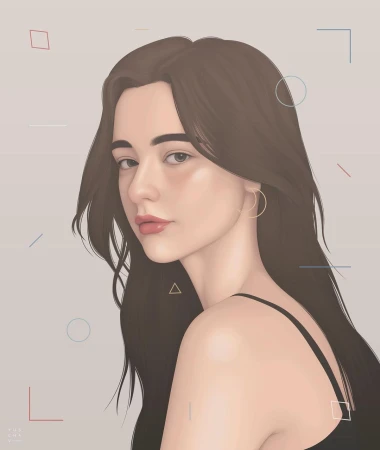 Digital portrait illustration of a young woman with long dark hair and a black top, featuring floating geometric shapes.