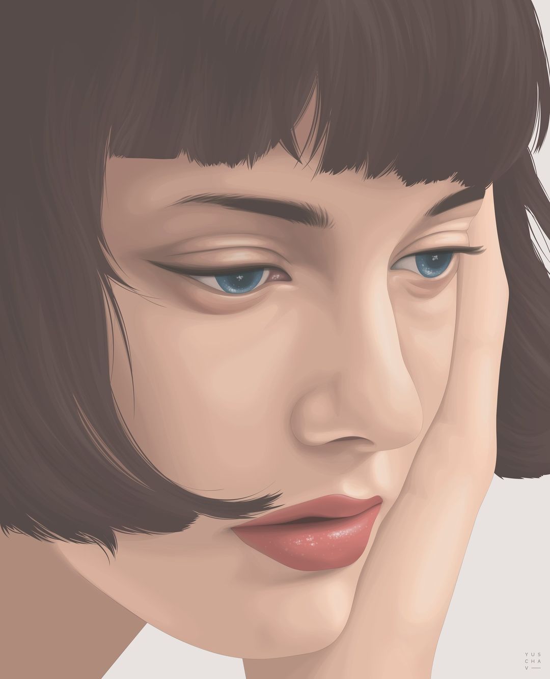Illustration of a woman with short brown hair and blue eyes, resting her face on her hand, created with digital painting techniques.