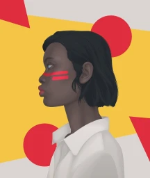Digital illustration in profile of a Black woman with red face stripes wearing a white button-down shirt against a geometric yellow and red background.