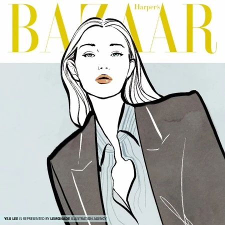 Fashion illustration of a woman in a blazer on a magazine cover with ‘Bazaar’ in yellow sans-serif type, created by Yeji Lee.
