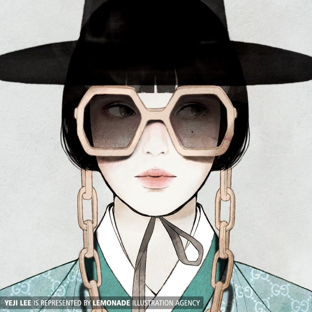 Illustration of a stylish person with sunglasses and a Korean hat, wearing a green jacket with the Gucci logo, and chunky chain earrings.