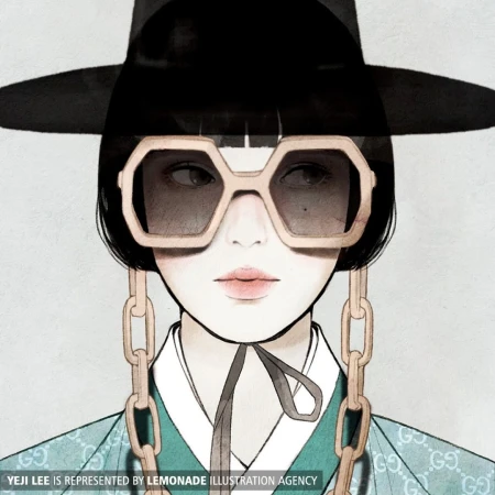 Illustration of a stylish person with sunglasses and a Korean hat, wearing a green jacket with the Gucci logo, and chunky chain earrings.